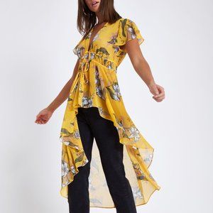 Yellow Floral Tie Front Kimono